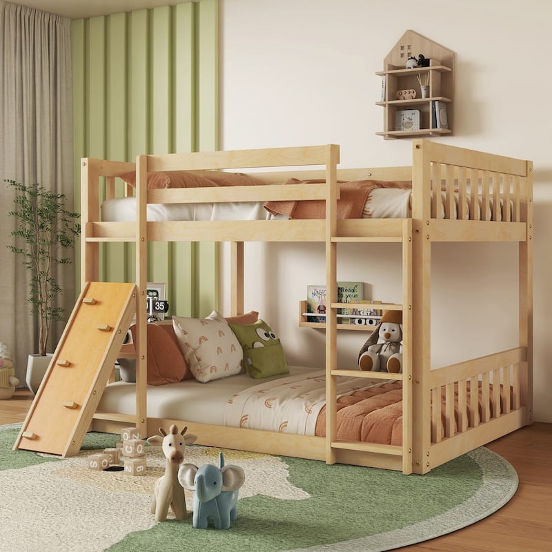 Fun Twin Over Twin Floor Bunk Bed with Climbing Ramp & Ladder, Durable Pine Wood Frame