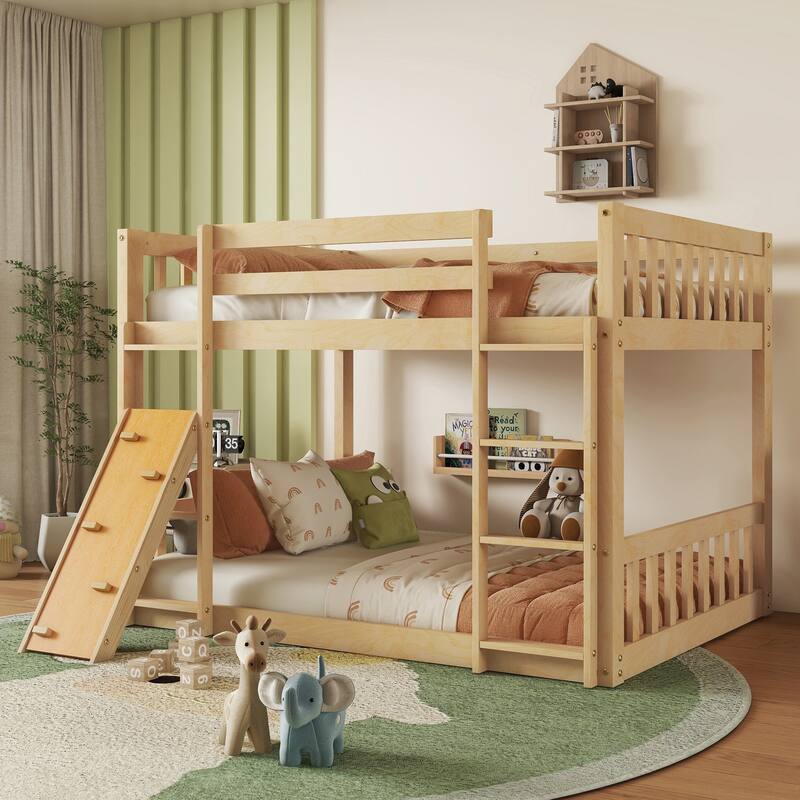 Twin Over Twin Low Bunk Bed Wooden Twin Size Loft Bed with Climbing Ramp, Ladder, Safety Guardrails