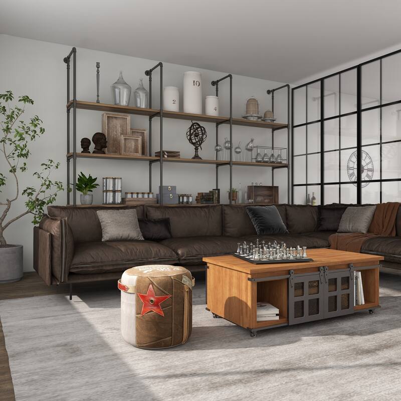 Brown Canvas Pouf with Leather Accents