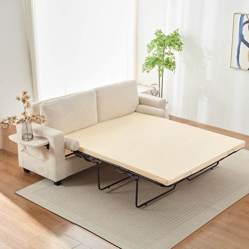 Mixoy Convertible 2-in-1 Pull Out Sleeper Sofa Bed Loveseat with 2 Wing Table and Memory Foam Mattress