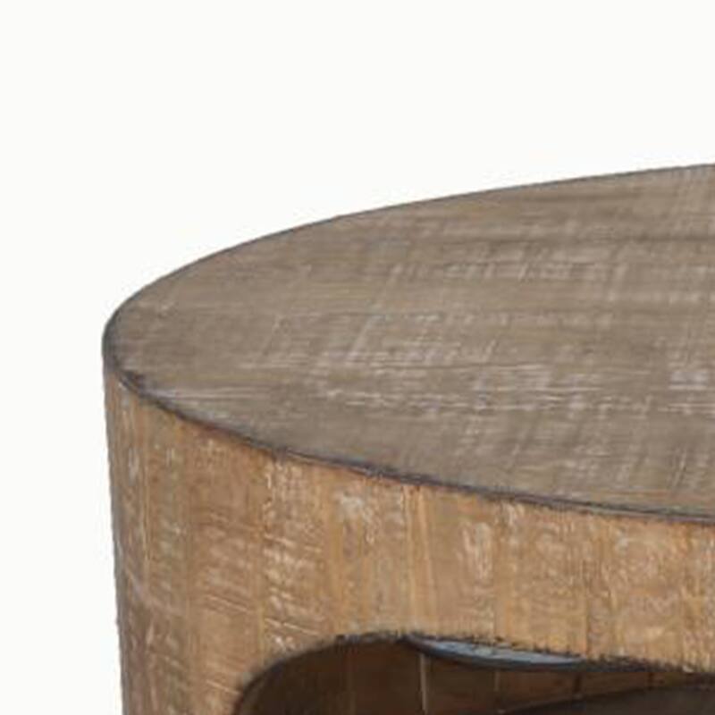 Roki Coffee Table w Shelf, 55 Inch Natural Brown Pine Wood Oval Top