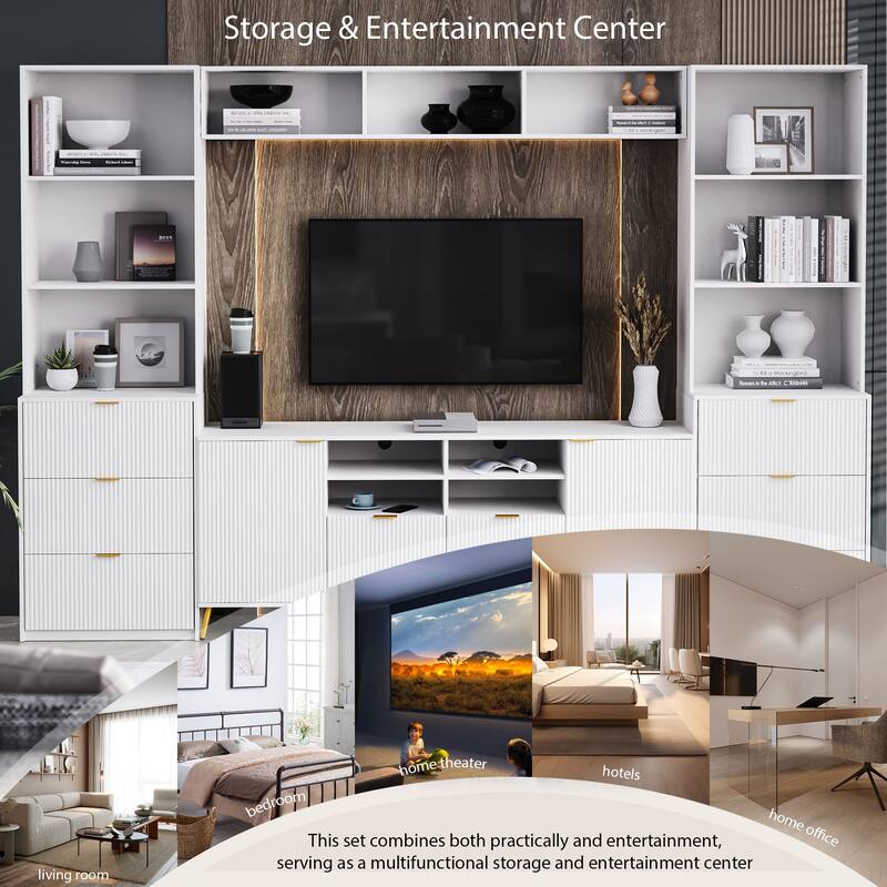 Roomfitters 4-Piece Entertainment Wall Unit for up to 70 Inch TV, Media Storage Cabinet with Shelves and Fluted Panels, White