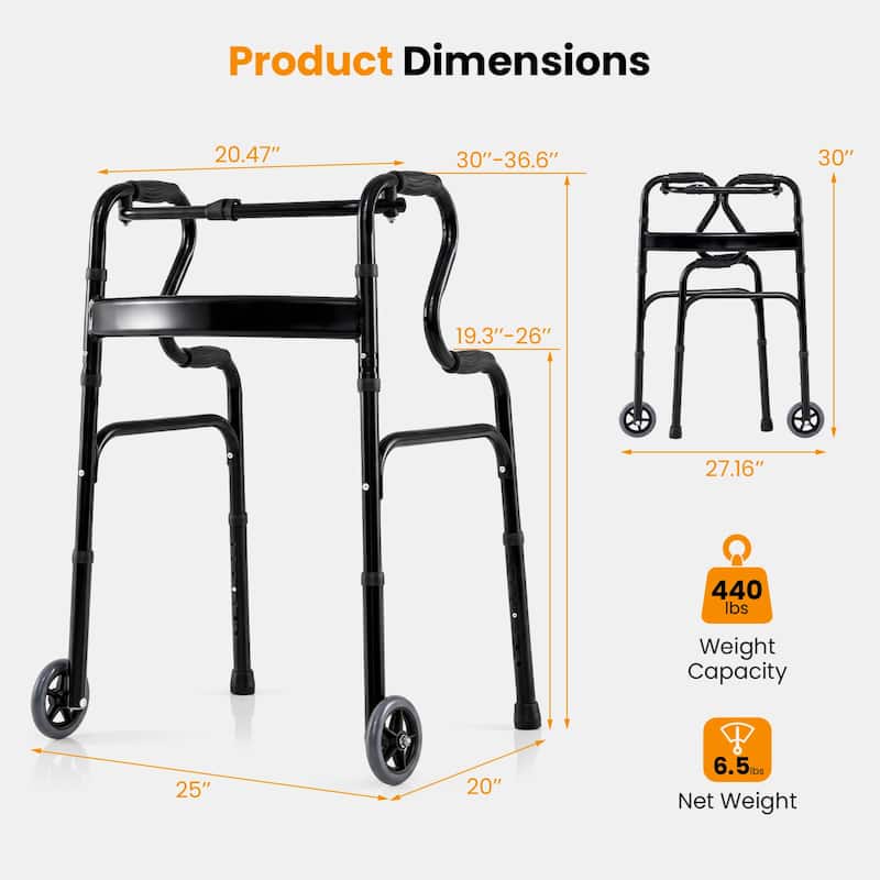 Gymax Heavy-Duty Folding Walker w/Unidirectional Wheels & Armrests