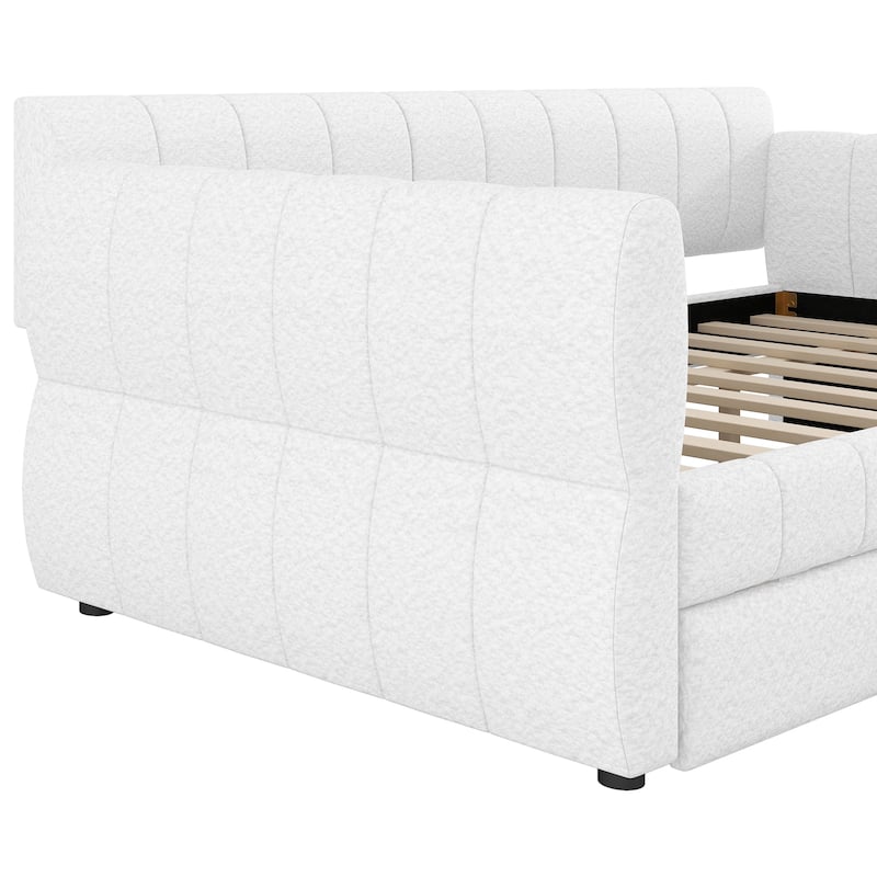 Modern Fabric Upholstered Daybed Queen Size Sofa Bed Frame with Backrest and Armrests, USB Charging Ports, No Box Spring Needed