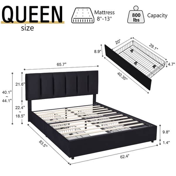 dimension image slide 9 of 17, Javlergo Bed Frame with Storage Drawers Upholstered Platform Bed Frame with Adjustable Headboard