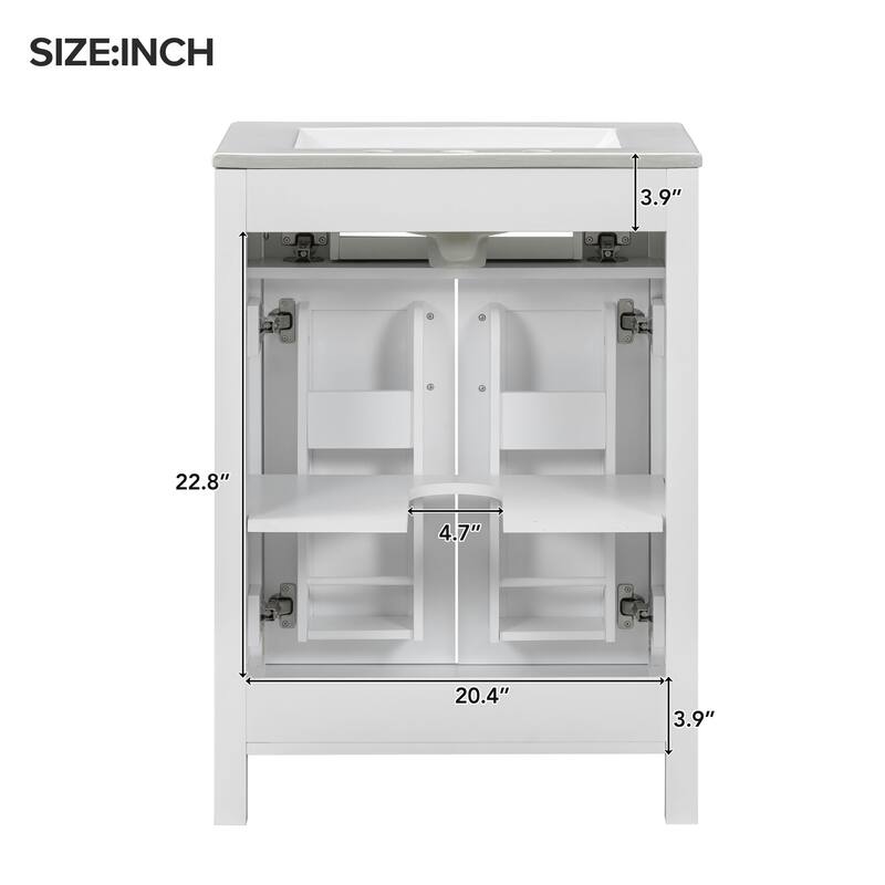 24 Inch Bathroom Vanity with Ceramic Sink Solid Wood Frame 2 Soft Close Doors and Adjustable Storage