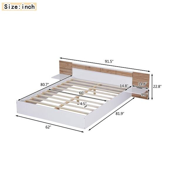 dimension image slide 1 of 2, Modern Simple Queen Size Platform Bed with Shelves, USB Ports and Sockets Multi-Functional Bed Frame for Kids Teens Adults