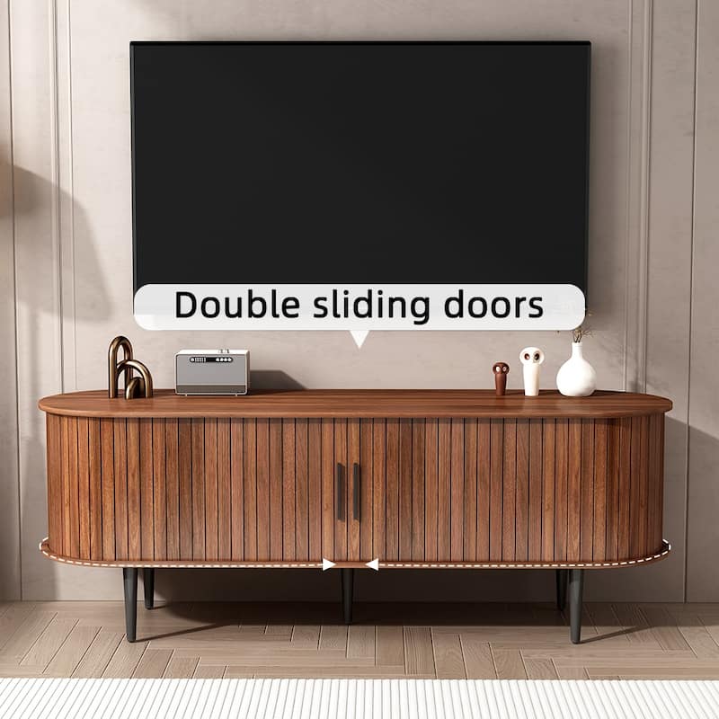 Modern Tv Stand With Storage Compartments And Sliding Doors - Gaming Entertainment Center Featuring Cabinets