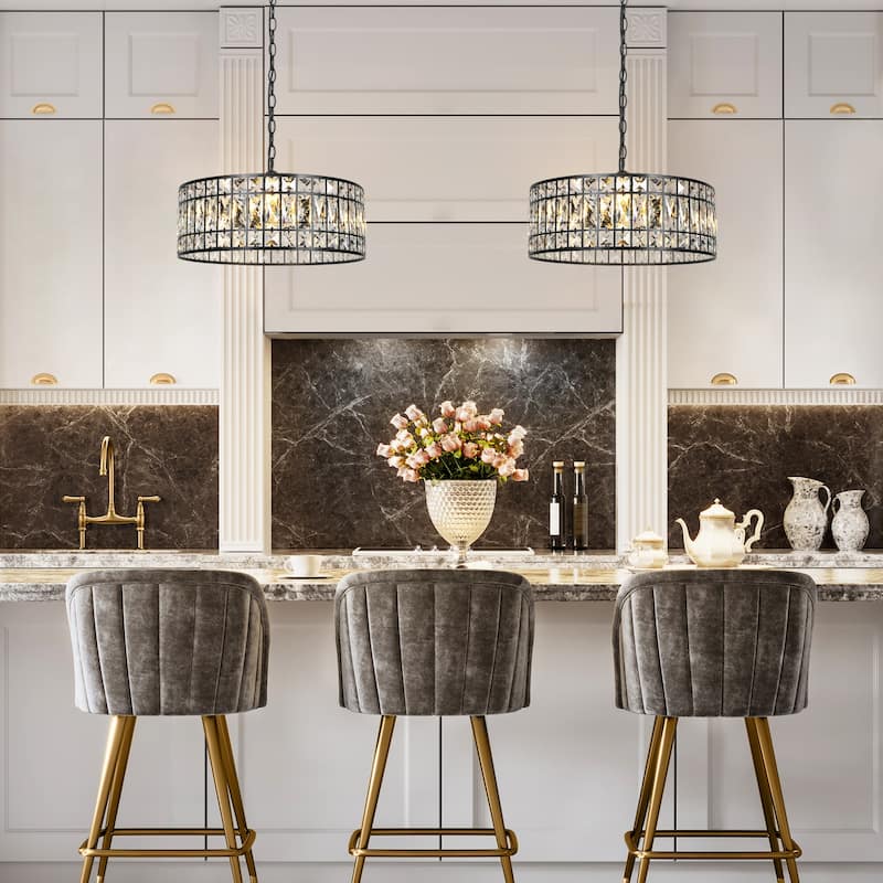 Aulia Modern 3-Light Black Crystal Drum Chandelier for Living Dining Room