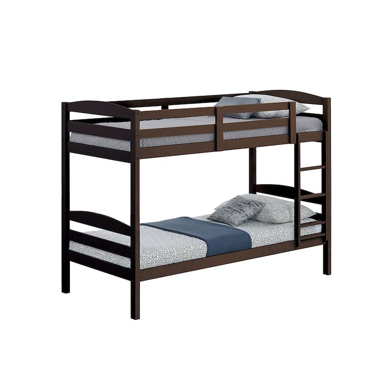 Modern Espresso Solid Wood Twin Over Twin Bunk Bed with Ladder