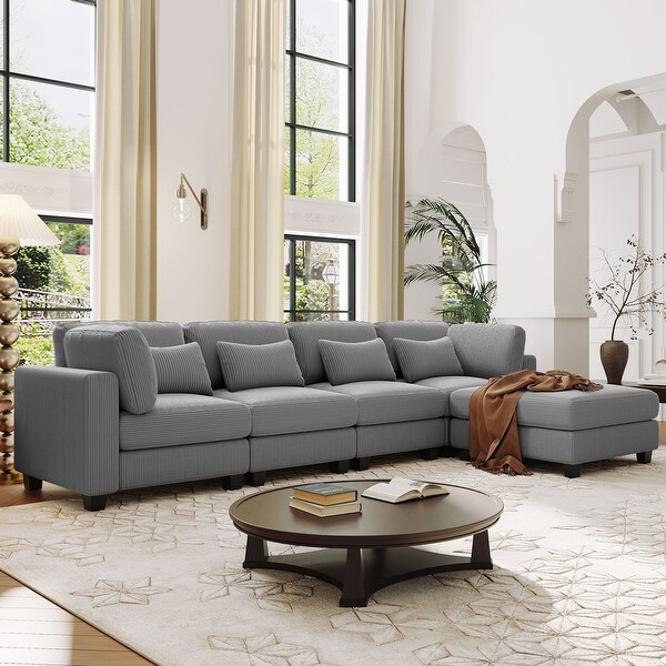 Living Room L Shape Sectional Sofa Sets 4 Seat Grey Chaise Lounge Couch with Removable Ottoman and Waist Pillows