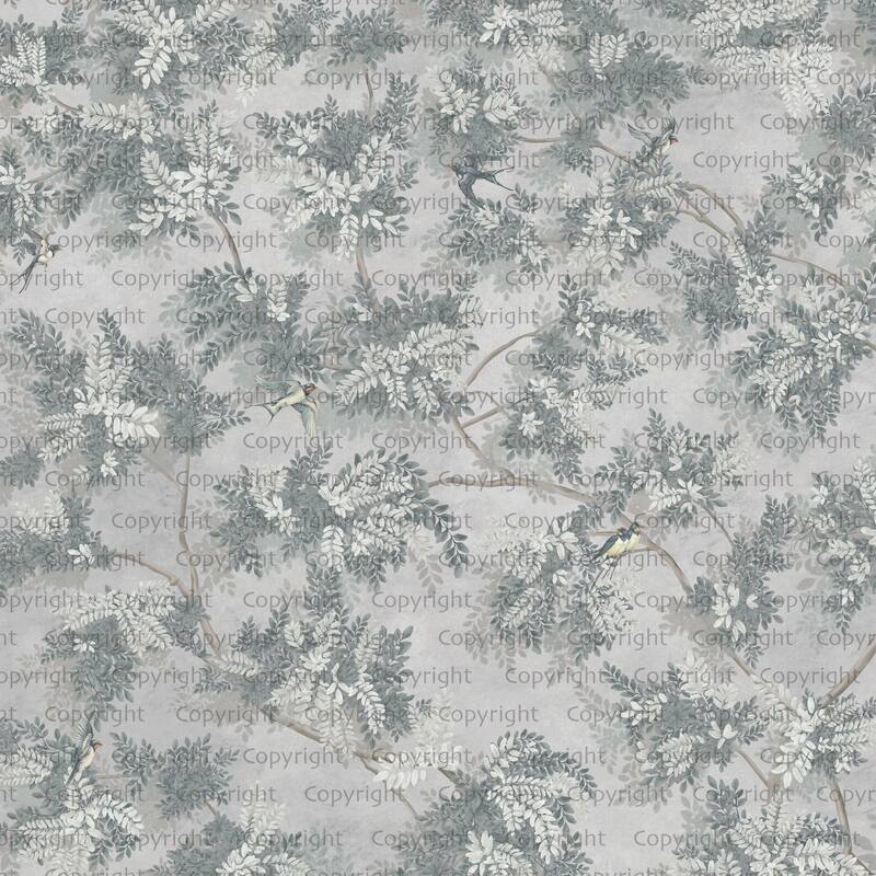 Verdant Canopy with Songbirds Botanical Wallpaper Mural - Gray - W:225" x H:118"