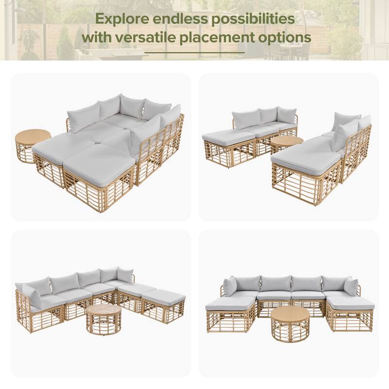 7 Pcs Outdoor Furniture Set, All-Weather Rattan Sectional Sofa Set with Thick Cushions and Pillows, Round Coffee Table
