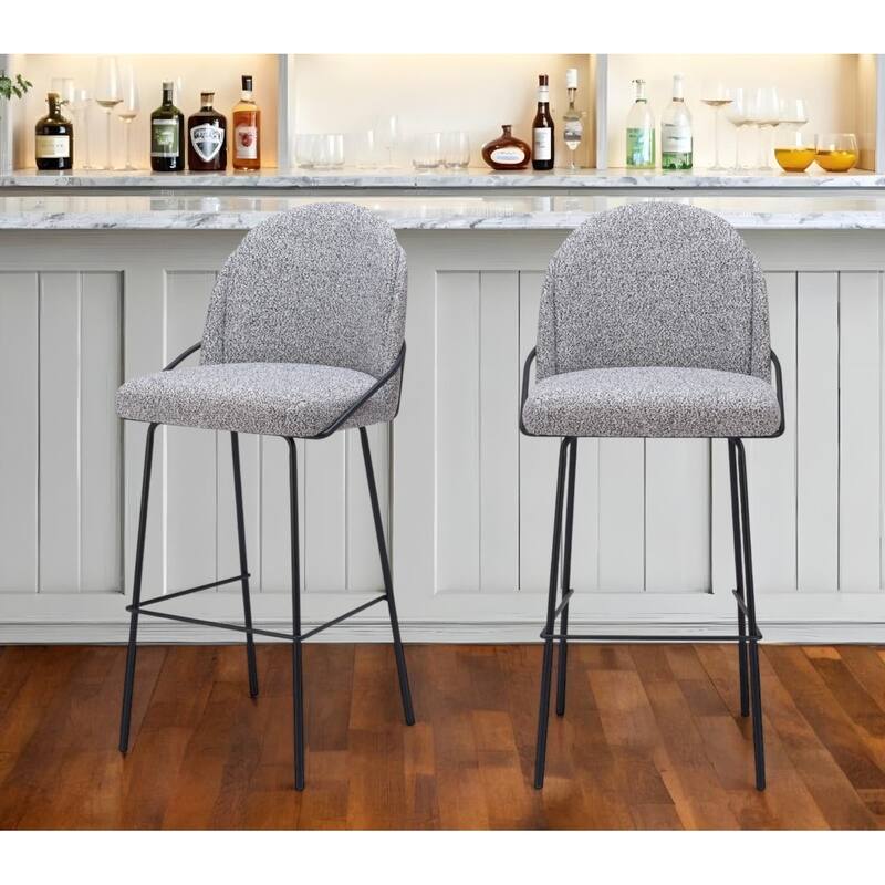 Set of Two 30" Light Gray And Black Shearling And Steel Bar Height Bar Chairs - Light Gray