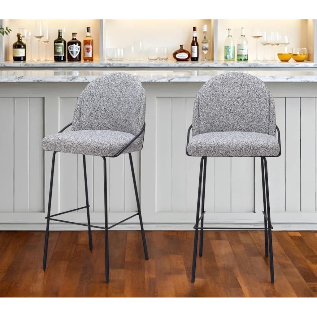 Set of Two 30" Light Gray And Black Shearling And Steel Bar Height Bar Chairs