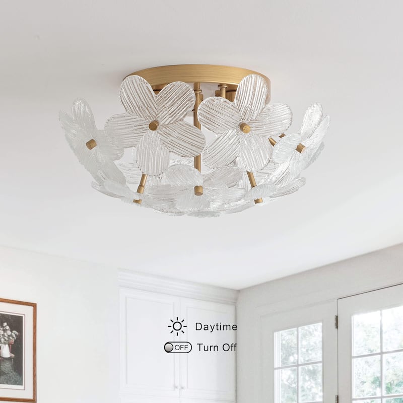 Frieda Modern 3-Light 16" Brushed Brass Clear Glass Flower Flush Mount - 16 inches in diameter x 7.5 inches H