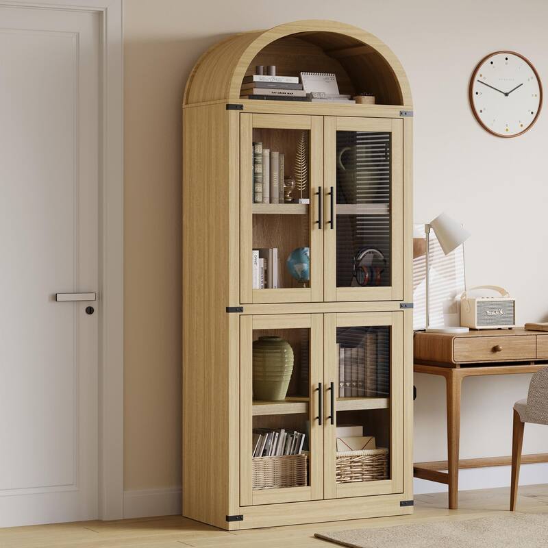 71" Tall Arched Bookshelf - Wooden Bookcase Storage Cabinet Rounded Display Storage Shelves Cabinet