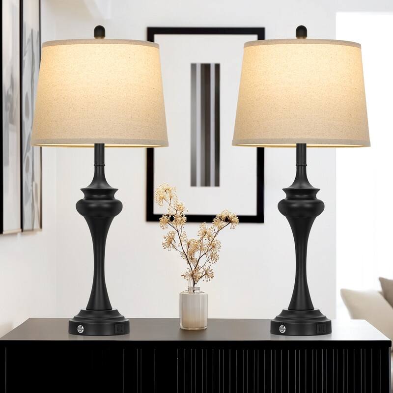 30'' Modern Table Lamps with USB & Type-C Ports, Oatmeal Fabric Shade & Metal Base (Set of 2)