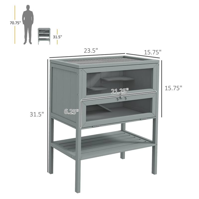 Grey Fir Wood Hamster Cage with Plexiglass Window and Elevated Base - 23.5"L×15.75"W×31.5"H