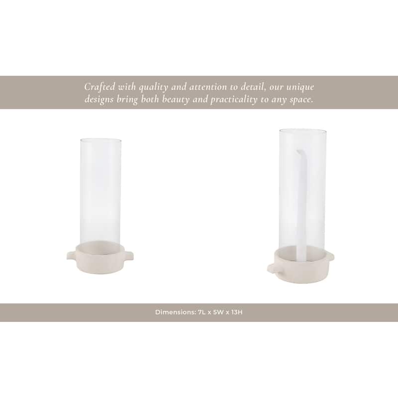 Pottery Glass Pillar and Taper Holder Rustic Base and Hurricane Sleeve - 7" x 5" x 13"