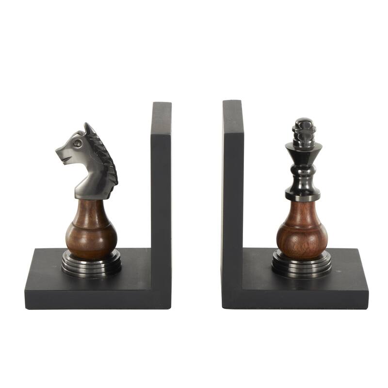 Aluminum Metal Chess Decorative Bookends with Aluminum Accents - Set of 2 Black - Roche River Decor