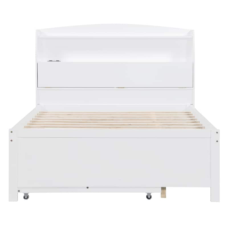 Full Size Wooden LED Platform Bed with Trundle, Storage Headboard, and Drawers in White