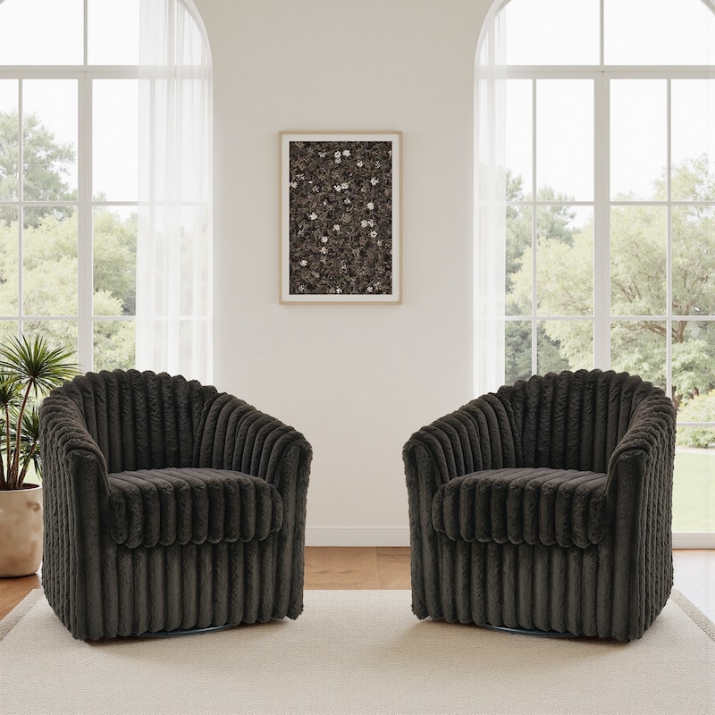 2 Set Modern 49" Upholstered Plush Corduroy Swivel Barrel Accent Chair - Chocolate