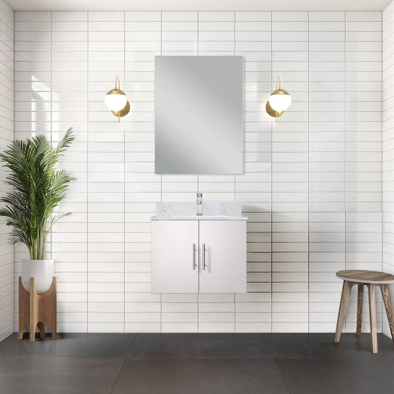 Geneva Bath Vanity with Carrara Marble Top, Sink & Mirror - 24 Inch - Glossy White