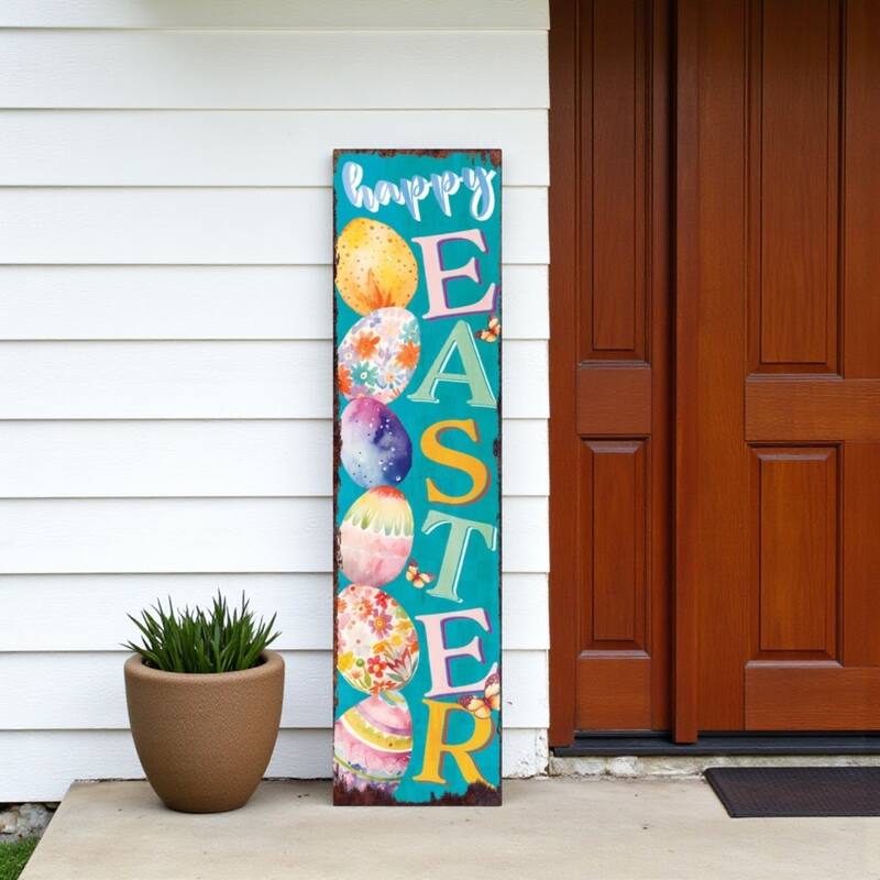HomeRoots 36" Turquoise Pink And Yellow Solid Wood Happy Easter Easter Easter Egg Porch Sign - Yellow/Blue/Pink - Wood