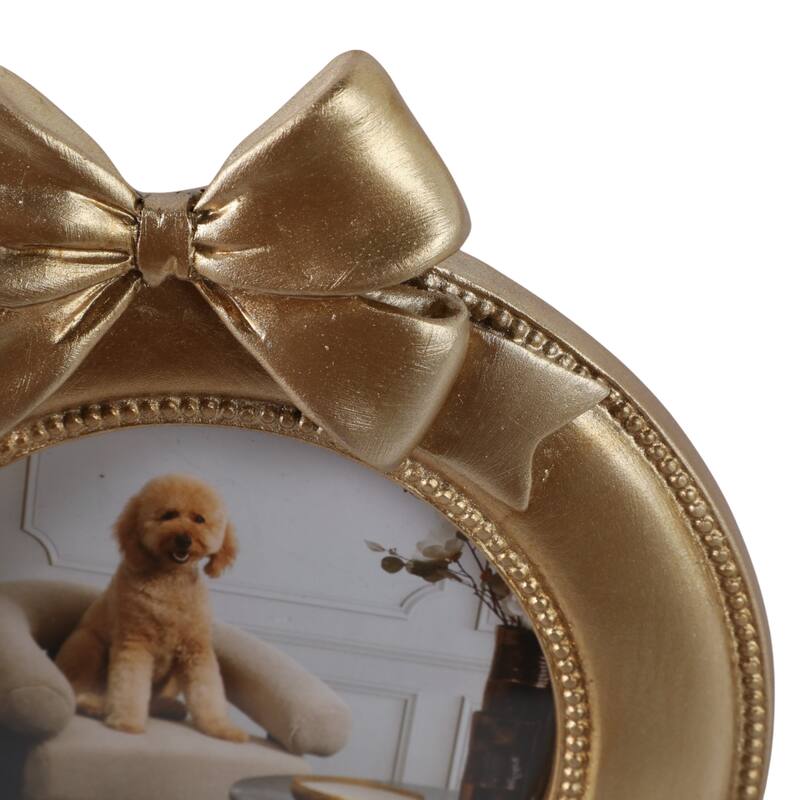 Gold 4x4 in. Polyresin Glam Round Photo Frame with Bow