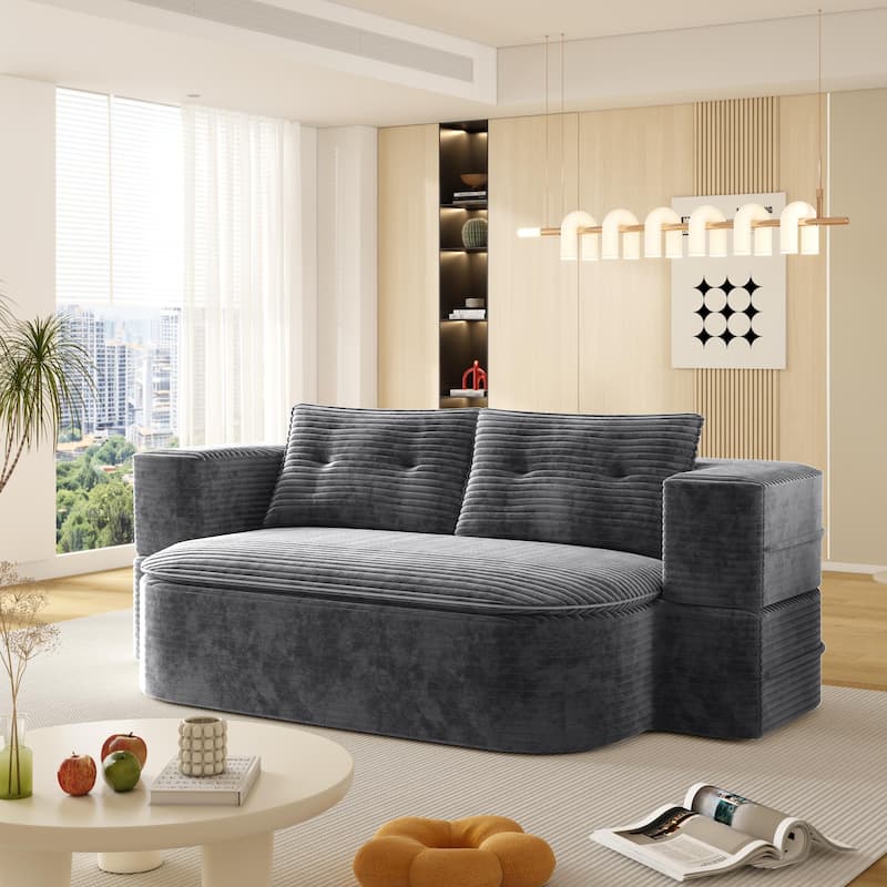 78.7" Modern Convertible Corduroy Sofa Bed with 2 Pillows, Floor Deep Seat Sleeper Couch, Foldable 2-in-1 Sofa for Living Room