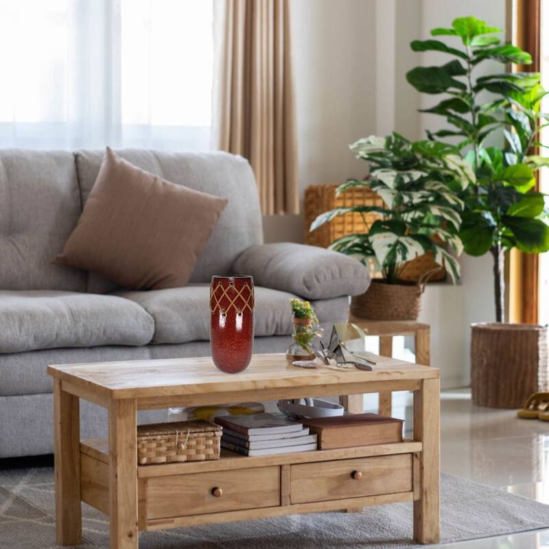 Aria Home Oblong Red Ceramic Vase With Leather Stitch Santa Fe Art