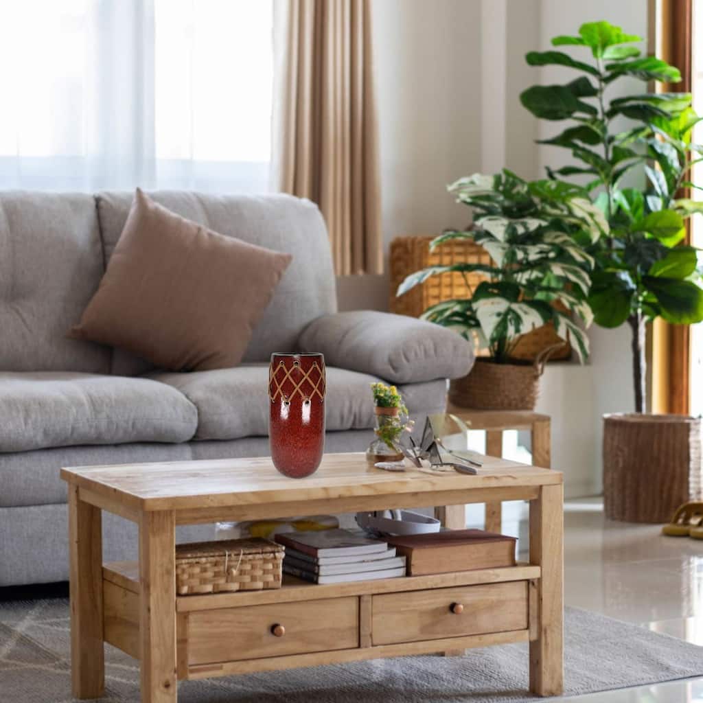 Aria Home Oblong Red Ceramic Vase With Leather Stitch Santa Fe Art