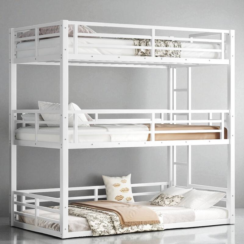 Metal Triple Bunk Bed Twin/Full/Twin XL/Queen with Safety Guardrails, Noise-Free Slats, Heavy Duty Frame