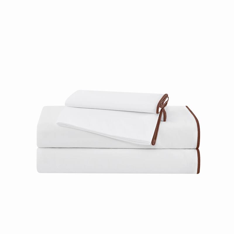 Brooklyn Loom Merrowed Edge 4 Piece Sheet Set - Queen - White/Brown