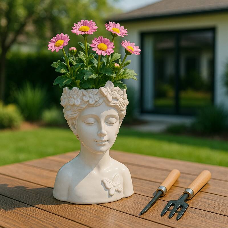 Ceramic Pot Planter Lady Crown Flower and Butterfly - 12" Ivory - 8" x 7" x 12"