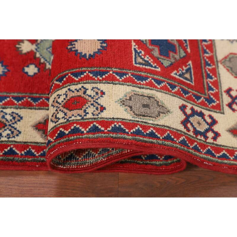 Red Kazak Accent Rug Handmade Geometric Wool Carpet - 3'2" x 4'11"