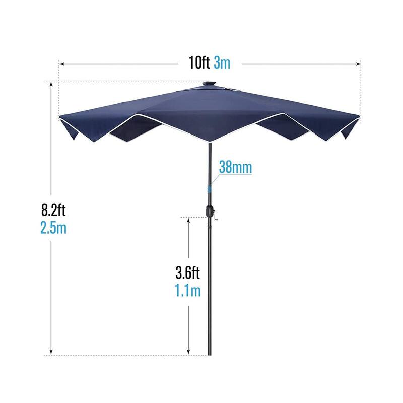 10Ft Patio Ruffled Edge Umbrella Auto-Tilt Crank Umbrella with LED Lights