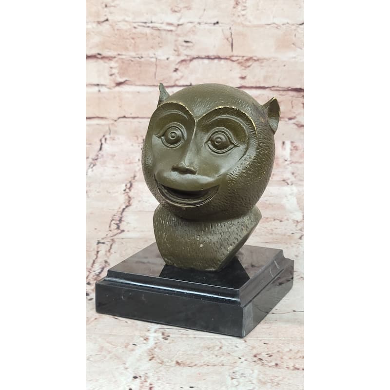 Abstract Bronze Primate Sculpture – Smiling Monkey Bust On Marble Base