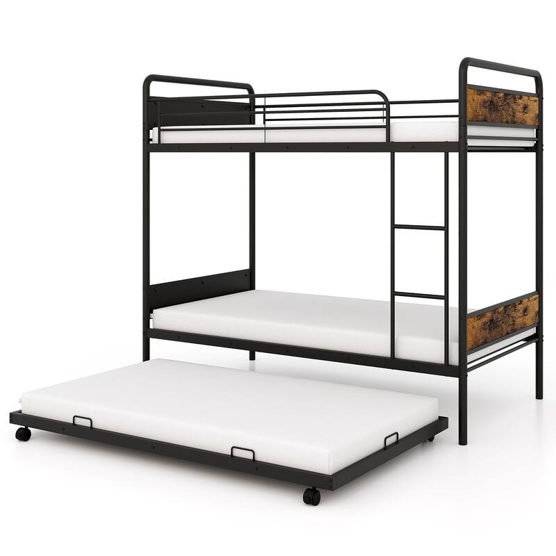 Gymax Twin Over Twin Bunk Bed w/ Trundle Industrial Metal Bunkbed