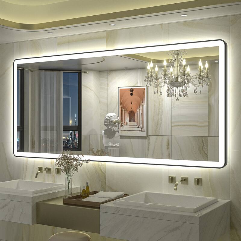 KIOTEE Rectangular Framed Front & Back LED Lighted Anti-Fog Tempered Glass Bathroom Vanity Mirror with ETL and 3-Year Warranty - 72x32
