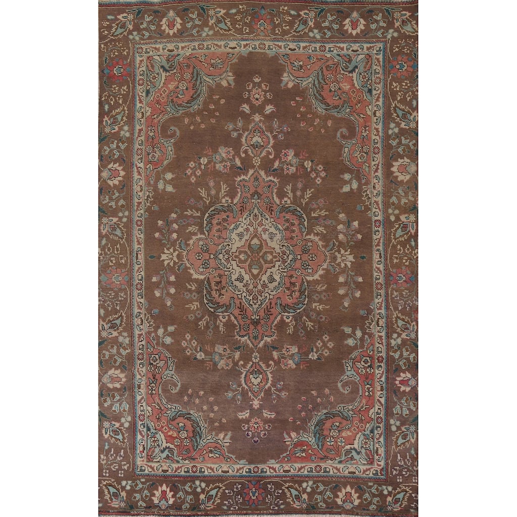 Hand Knotted Oriental 100% Wool Carpet Traditional Floral Brown Tabriz Area Rug - 9' 4'' X 5' 11''