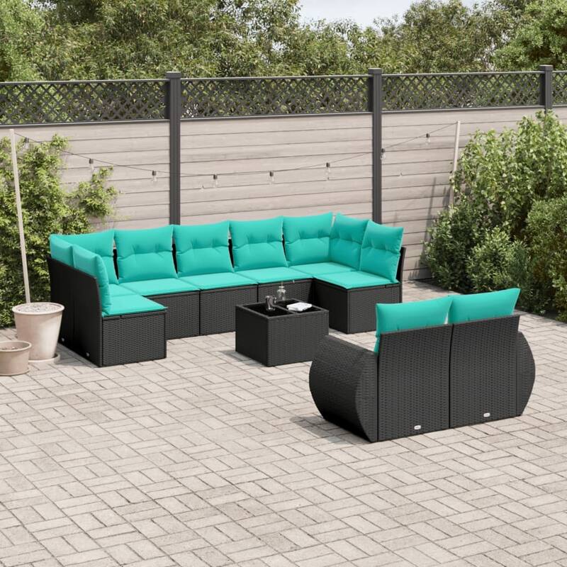 vidaXL 9 Piece Patio Sofa Set with Cushions Black Poly Rattan - 28 x 24.4 x 27.2-With table