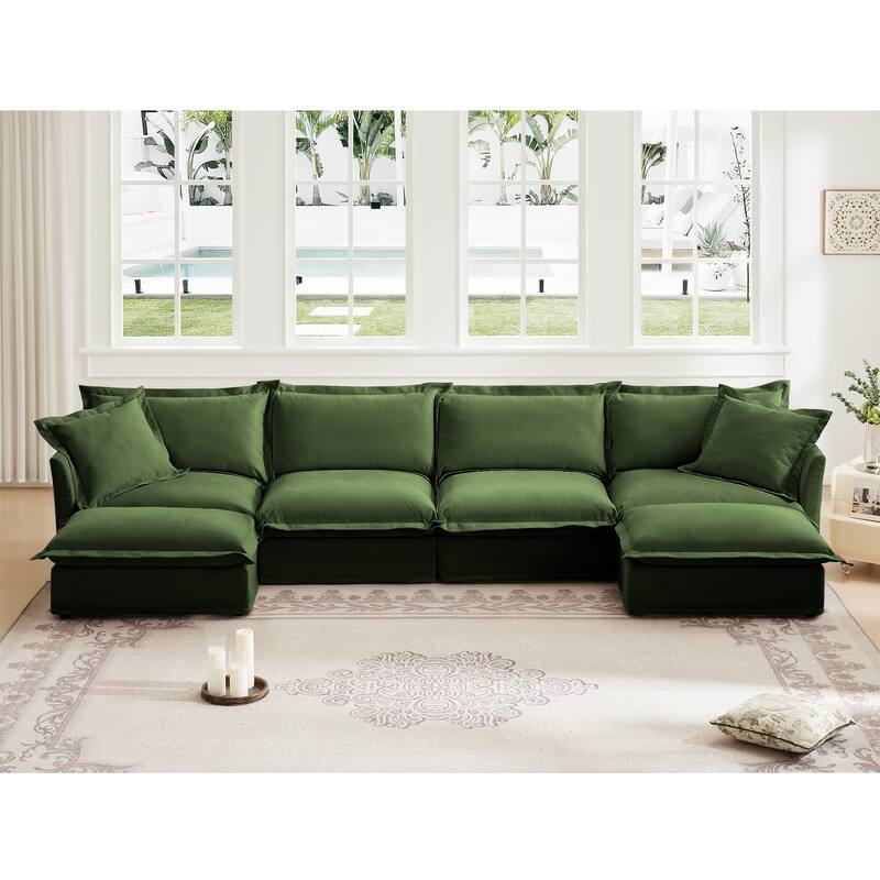 Wide & Deep 4- Seat Slipcovered U-Shape Chenille Sectional Sofa Couch