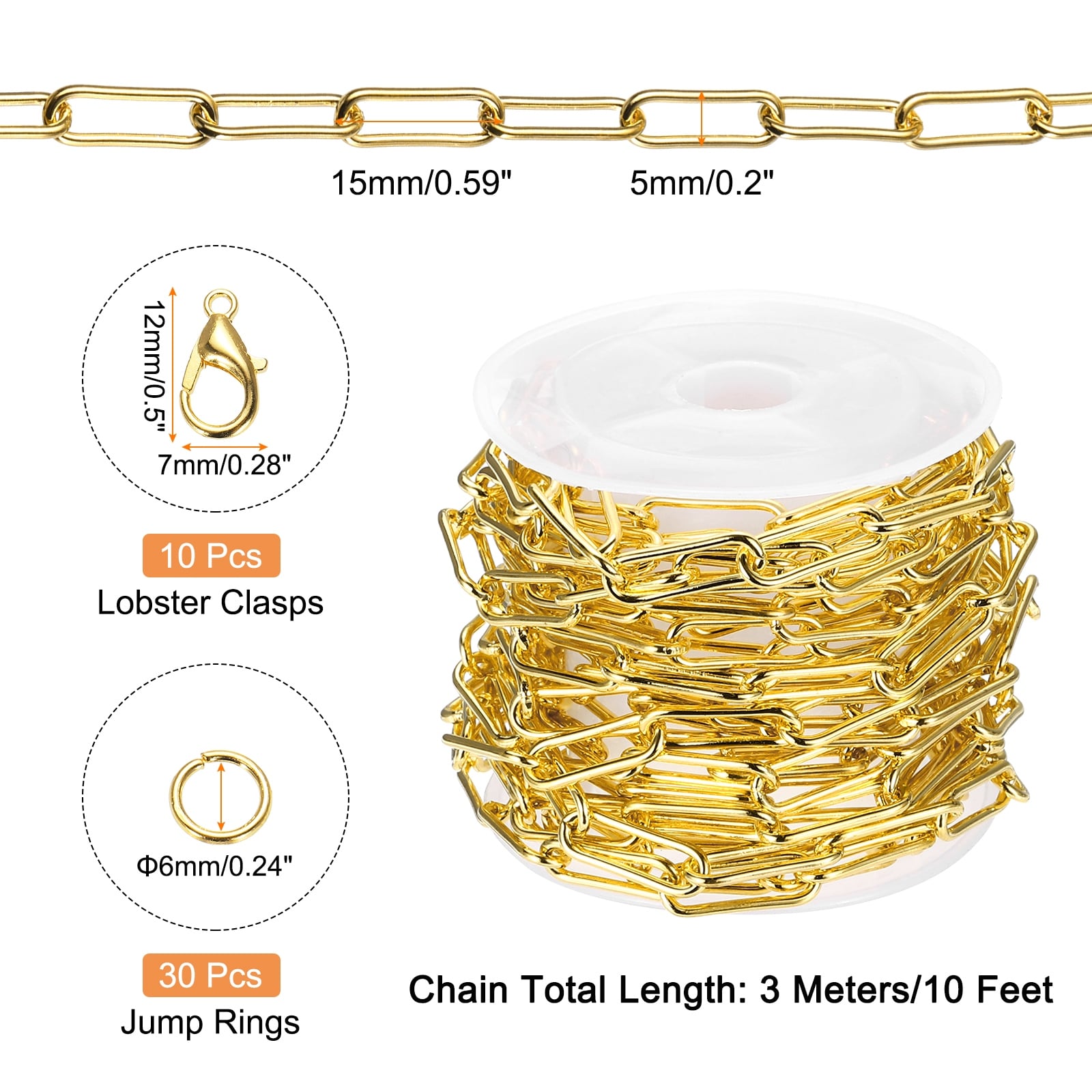 Plated Chain Stainless Steel Paper Clip Necklace Chains Bulk with Jump Rings Lobster Clasps for Jewelry Making DIY Crafts