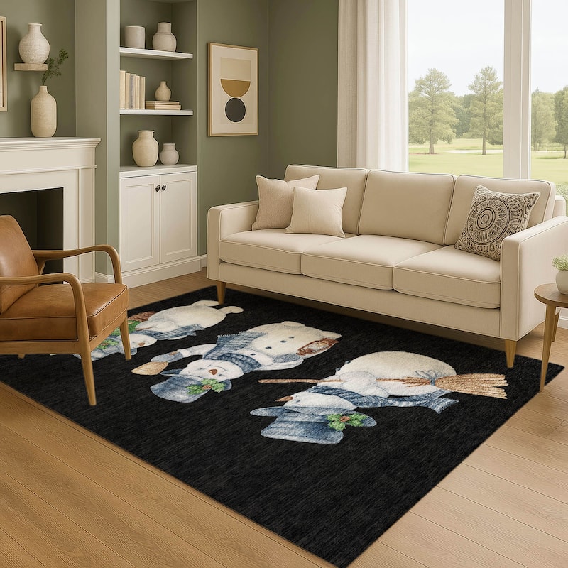 Premium Washable Super Soft Winter Holiday Snowman Mayfield Rug - Black - 3' x 5'