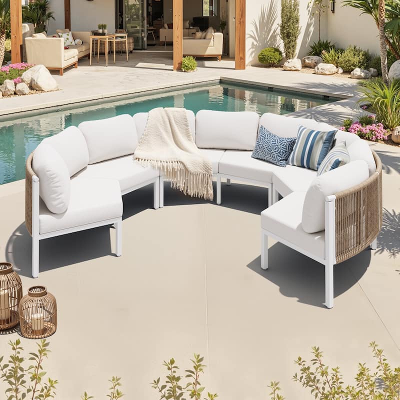 Outdoor Curved Half-moon-shaped Sofa Rattan Sectional Sofa Patio Furniture Set Outdoor Conversation Sets - 6-seater - Beige