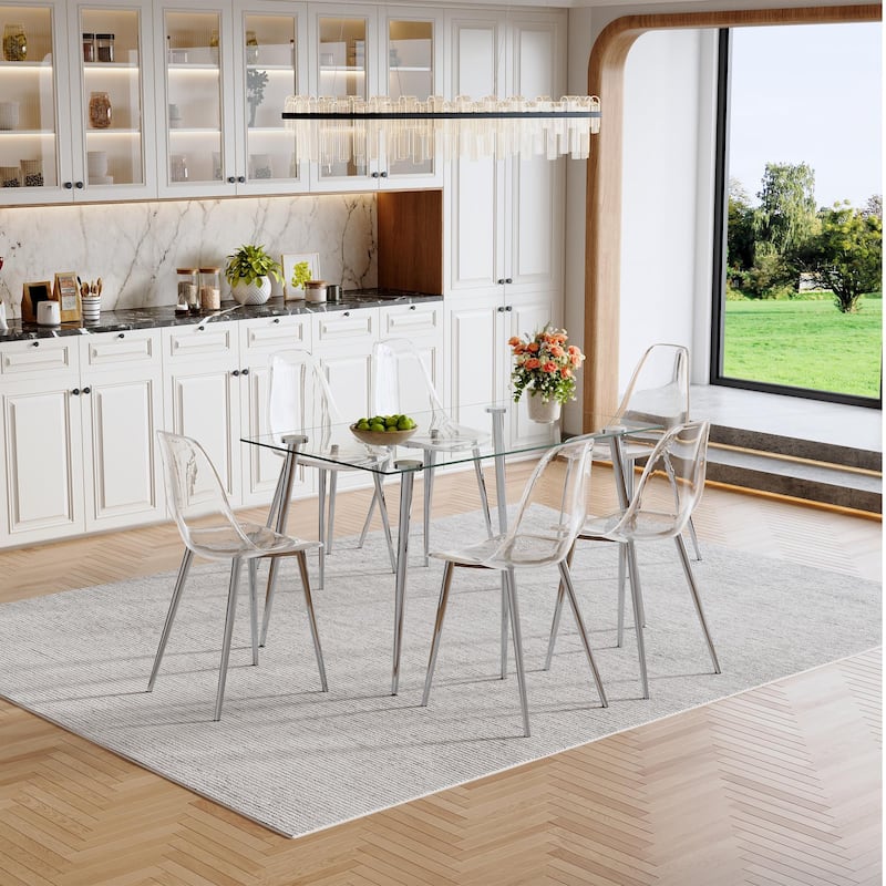 Modern Luxurious Rectangular Tempered Glass Dining Table Set- with 6 Transparent Plastic Dining Chair - Silver,Transparent