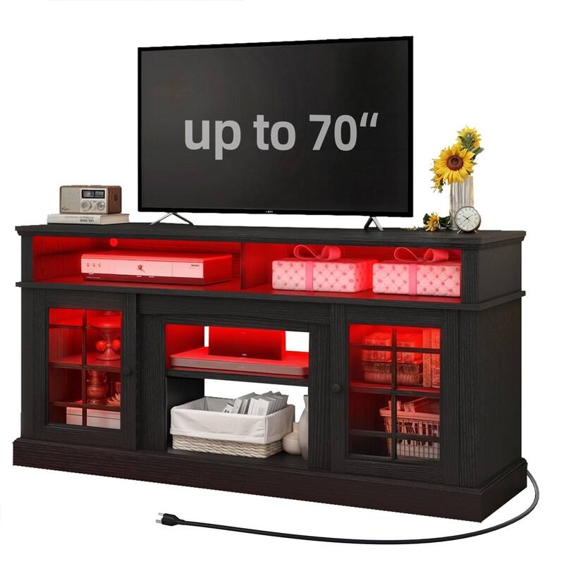 LED TV Stand for 75" TVs Glass Doors TV Media Console Table Black - 65 inches