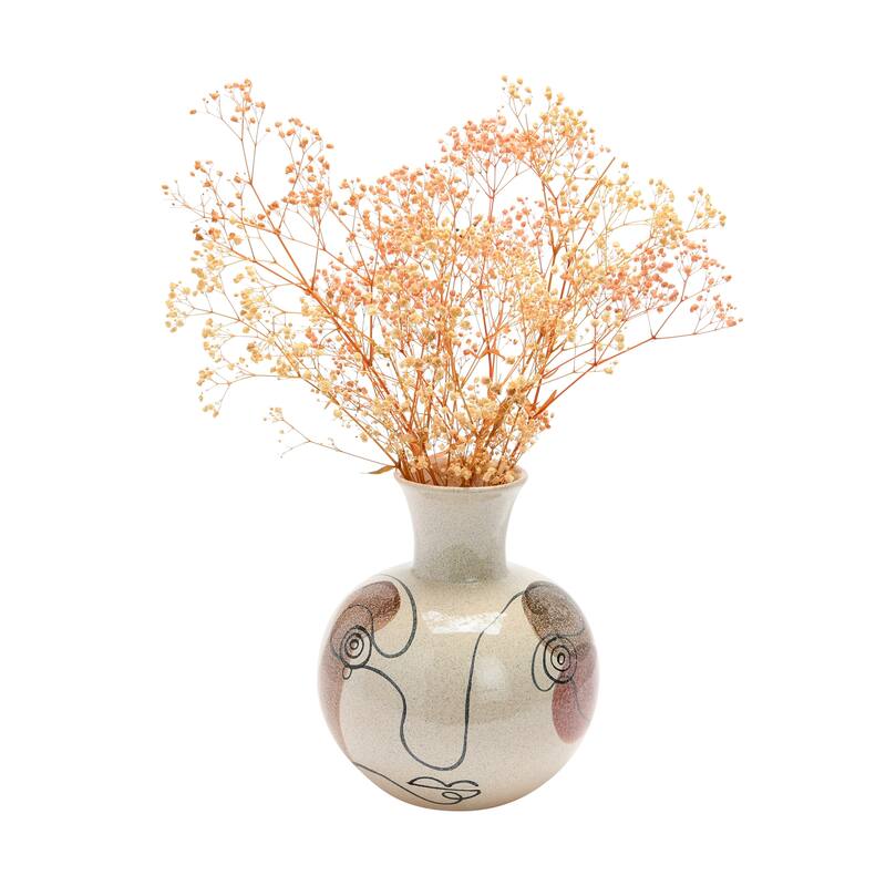 Multi Color Hand-Painted w/ Face Stoneware Vase